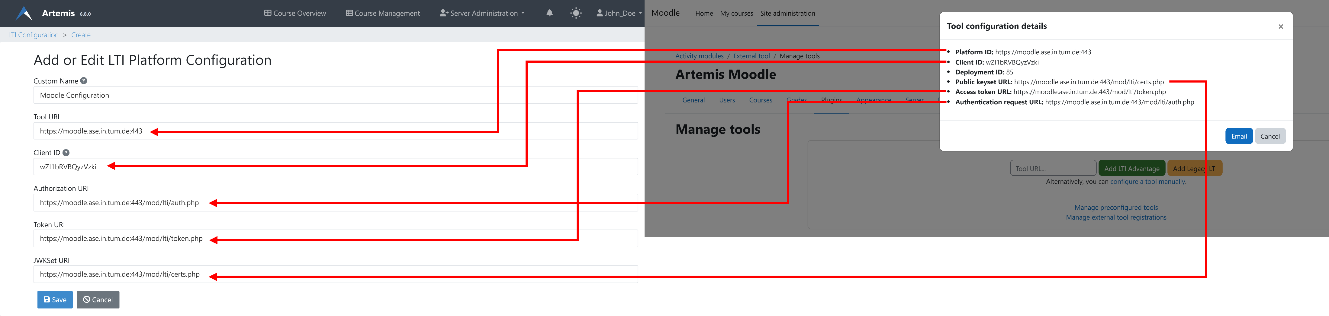 Artemis and Moodle Fields Mapping