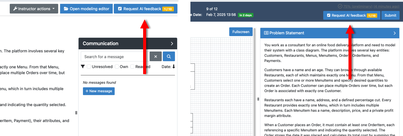 Screenshot showing the request feedback button in the exercise overview and modeling editor