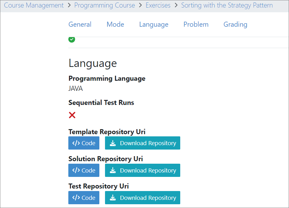 Solution, Template and Test Repositories in Exercise Management Page