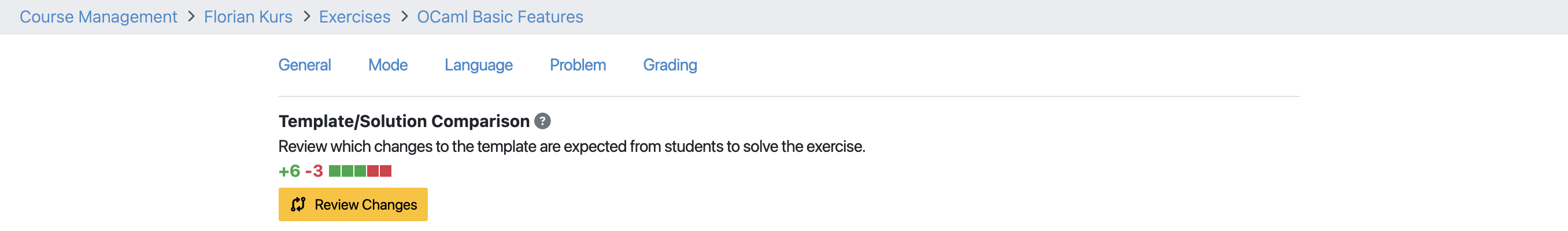 Template/Solution Comparison in Exercise Management Page