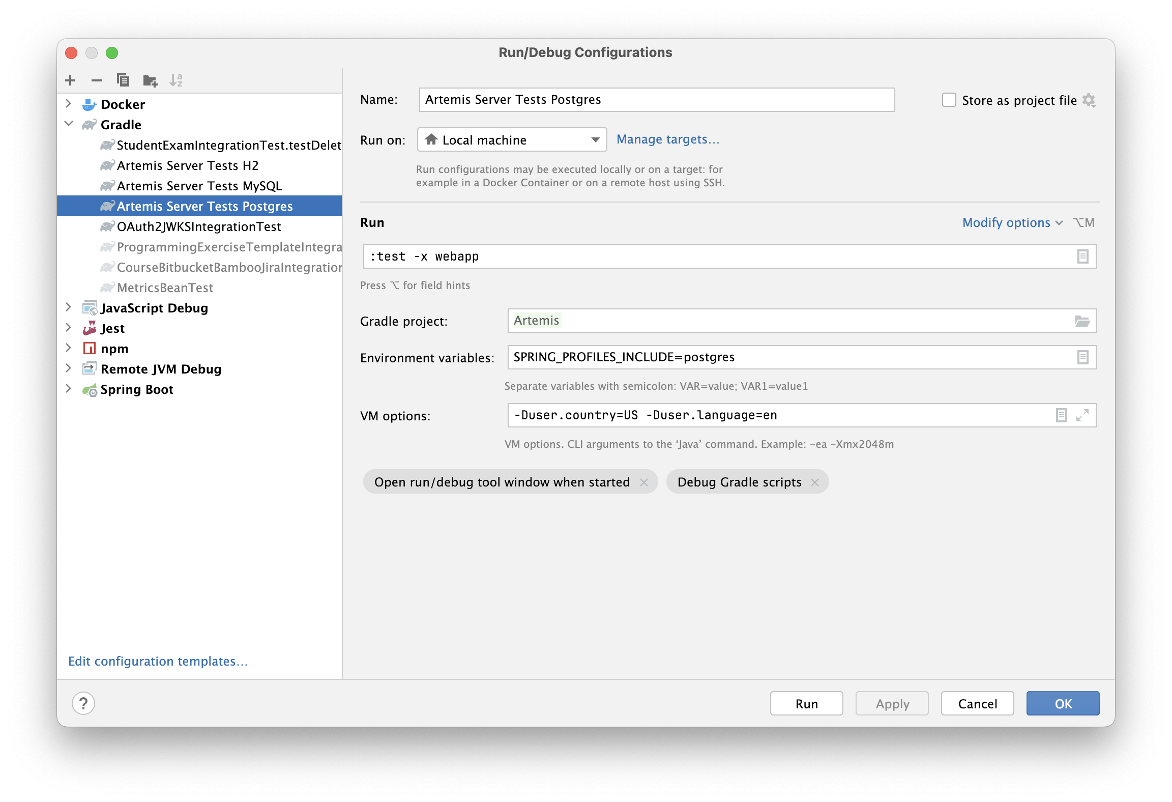 An example of IntelliJ run configuration for starting Postgres server tests.