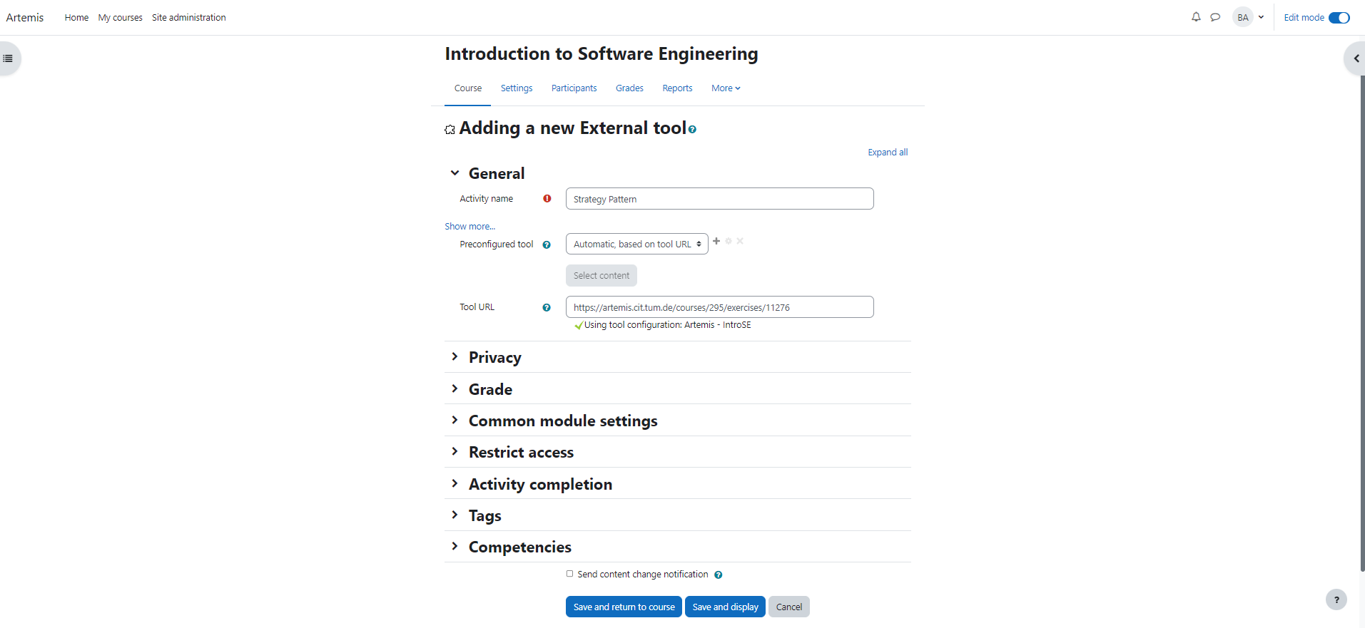 Moodle - Add External Tool Page