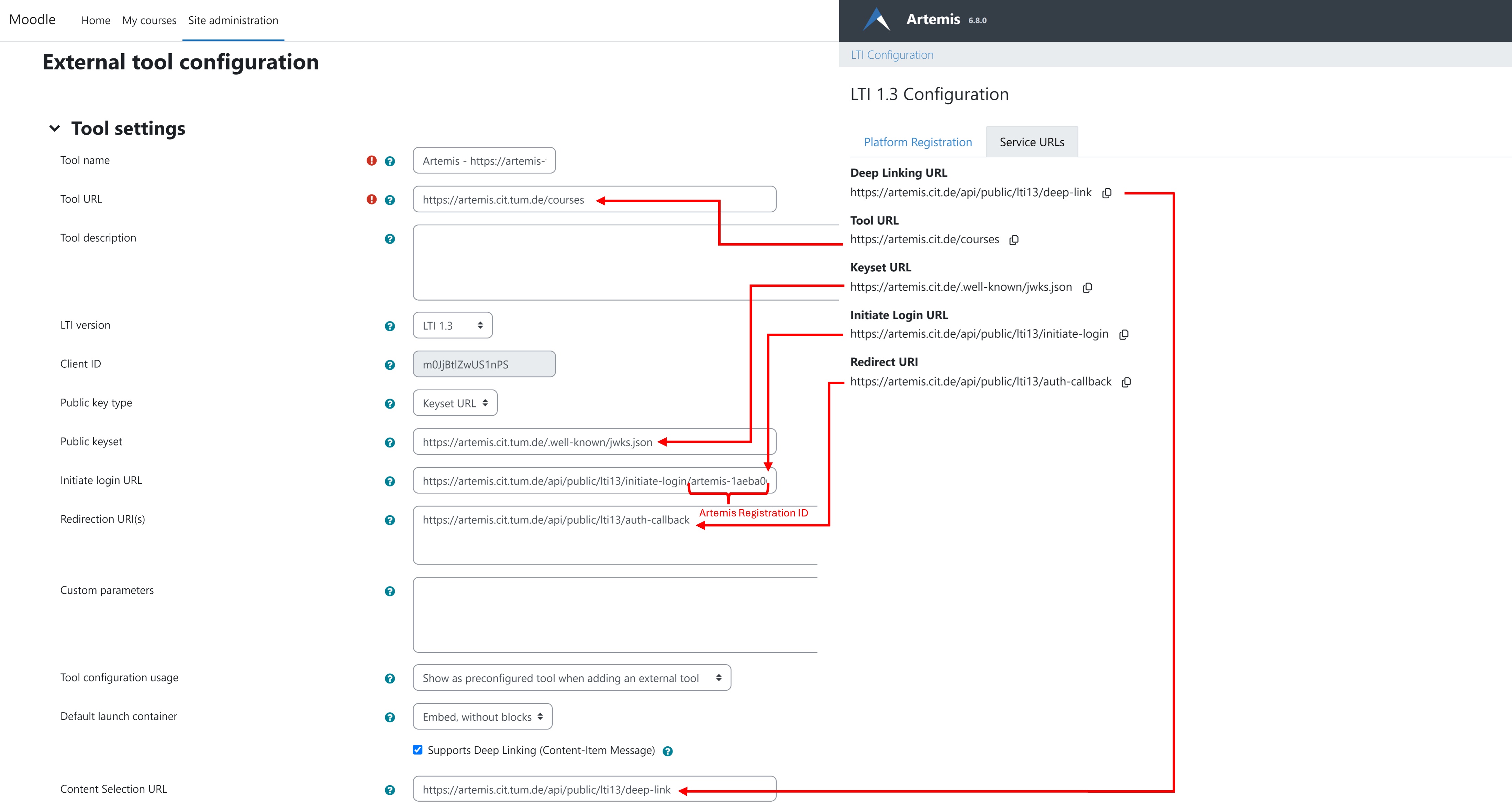 Moodle and Artemis Service URLs Mapping