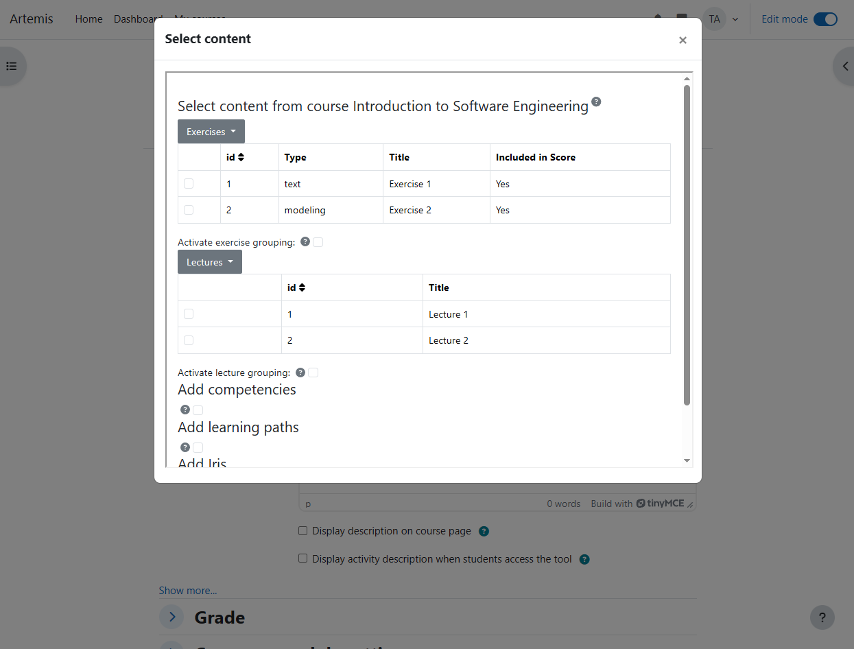 Moodle Deep Linking Select Content